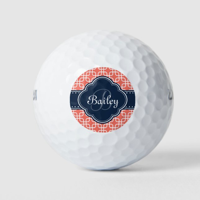 Mod Coral Pattern Navy Quatrefoil Monogram Golf Balls (Front)