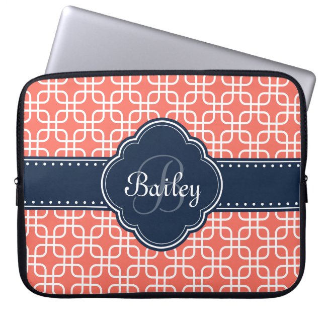 Mod Coral Pattern Navy Quatrefoil Monogram Laptop Sleeve (Front)