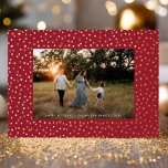 Mod Delicate Geometric Frame One Photo Red   Gold Foil Holiday Card<br><div class="desc">This elegant yet modern holiday photo card features a raised foil frame of small geometric shapes (squares,  triangles,  circles,  etc) over a deep red background and one horizontal photo. On the back is the same red colour with plenty of space to add another photo and/or text.</div>