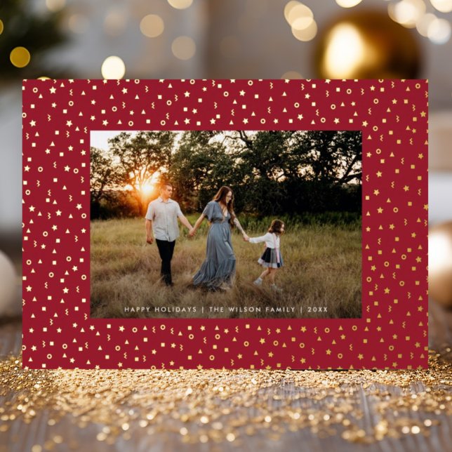 Mod Delicate Geometric Frame One Photo Red + Gold Foil Holiday Card (Creator Uploaded)
