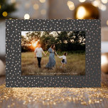 Mod Delicate Geometric Frame Photo Grey Rose Gold Foil Holiday Card<br><div class="desc">This elegant yet modern holiday photo card features a raised foil frame of small geometric shapes (squares,  triangles,  circles,  etc) over a charcoal grey background and one horizontal photo. On the back is the same dark grey colour with plenty of space to add another photo and/or text.</div>