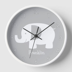 Mod Elephant Grey and White Minimalist Nursery  Clock