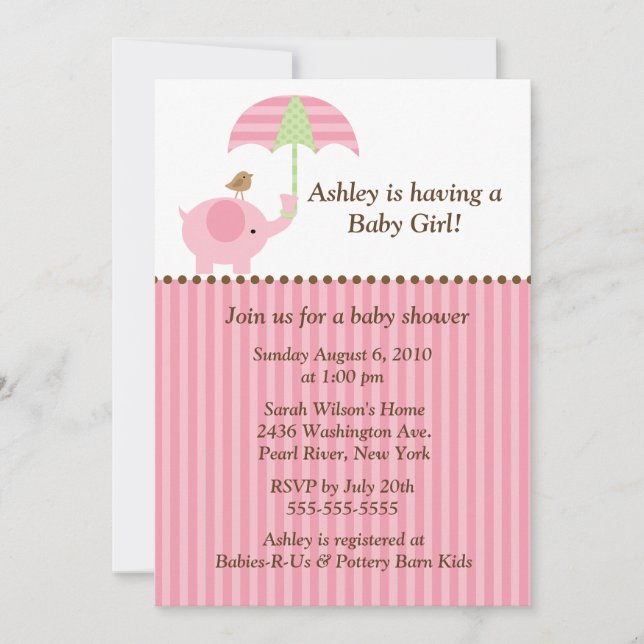 Mod Elephant Umbrella Baby Girl Shower Invitation (Front)