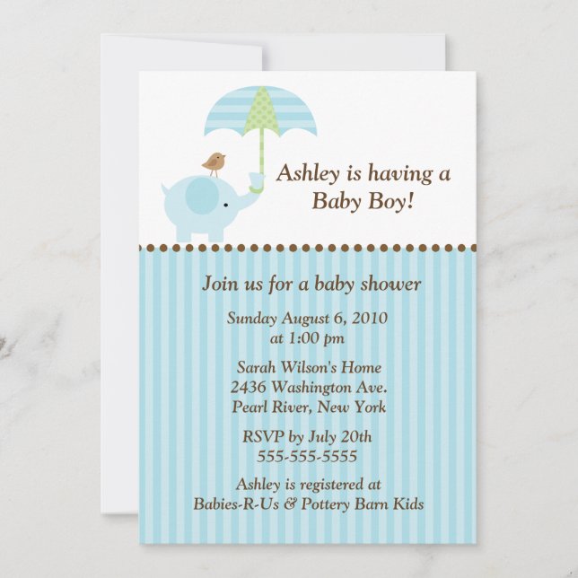 Mod Elephant Umbrella Boy Baby Shower Invitation (Front)