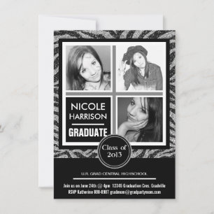 Mod Faux Silver Glitter Zebra 3 Photo Graduation Invitation