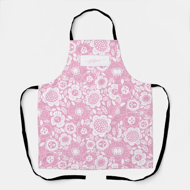 Mod Floral Patter with Script Name Apron (Front)