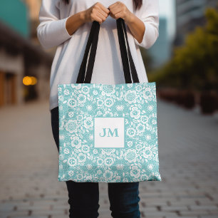 Mod Floral Pattern with Initials Tote Bag
