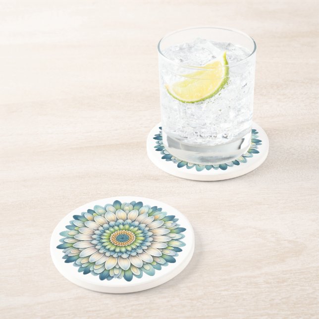 Mod Flower – Blue, Sage & Yellow Coaster (Side)