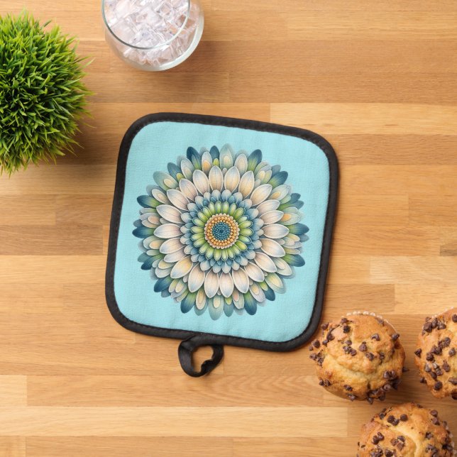 Mod Flower – Blue, Sage & Yellow Pot Holder (Top Down)