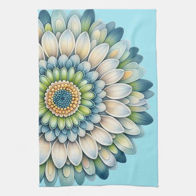 Mod Flower – Blue, Sage & Yellow Tea Towel (Vertical)
