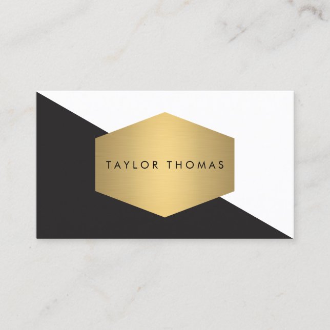 Mod Geometric Black and White Design with Gold Business Card (Front)