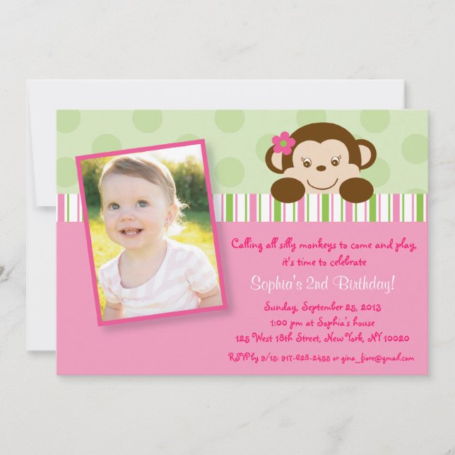 Mod Girl Monkey Birthday Invitations (Front)