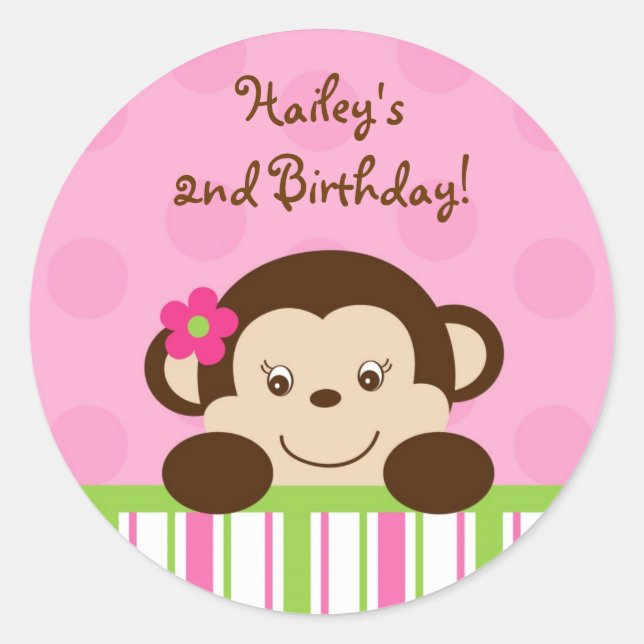 Mod Girl Monkey Cupcake Toppers Stickers (Front)