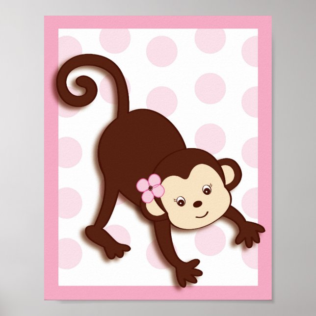 Mod Girl Monkey Dots Nursery Wall Art Print (Front)