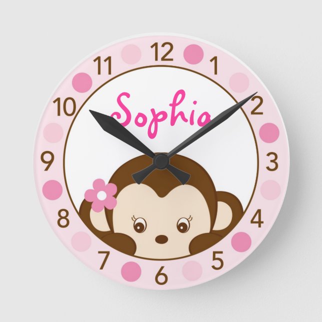 Mod Girl Monkey Personalised Nursery Wall Clock (Front)