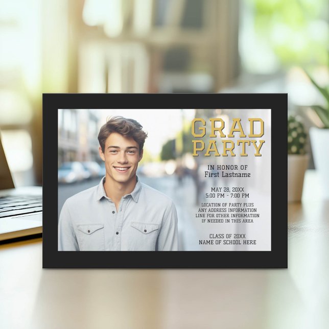Mod Graduation Photo Announcement - Black Gold (Graduation Party Invitation with Photo)