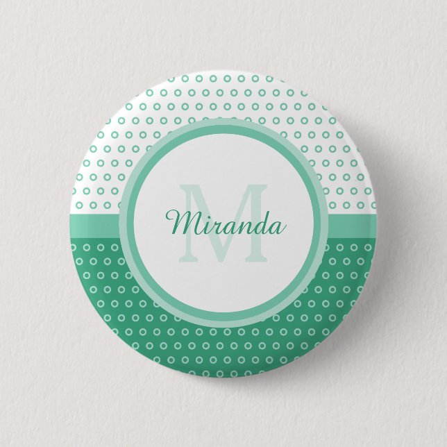 Mod Green and White Polka Dots Monogram With Name 6 Cm Round Badge (Front)