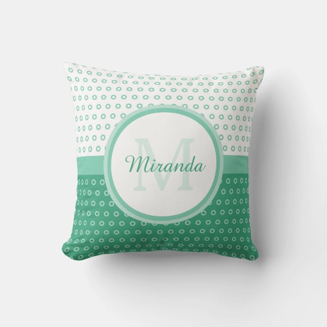 Mod Green and White Polka Dots Monogram With Name Cushion (Front)