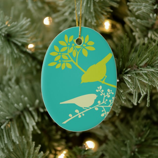 Mod Green Birds Ceramic Ornament (Tree)