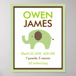 Mod Green Elephant Nursery Wall Art Birth Print
