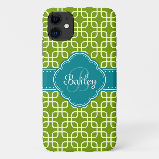 Mod Green Pattern Teal Quatrefoil Monogram Case-Mate iPhone Case (Back)