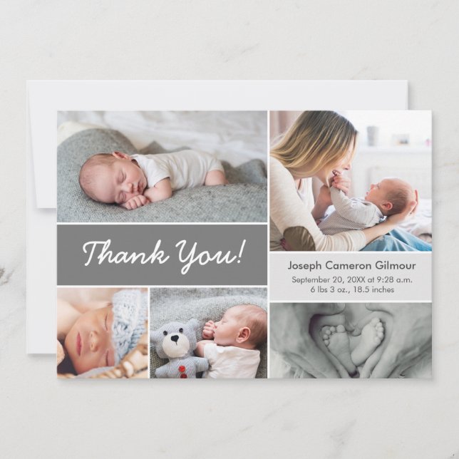Mod Grey Custom Photo Collage Baby Boy Birth Thank You Card (Front)