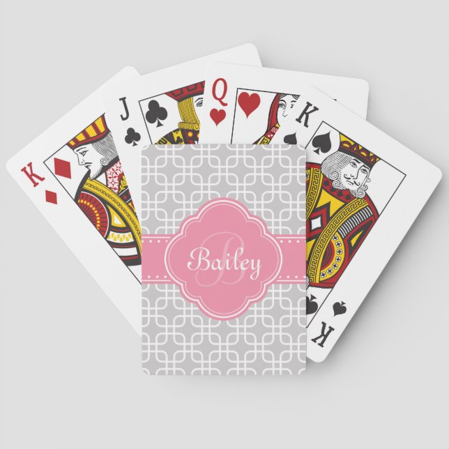 Mod Grey Pattern Pink Quatrefoil Monogram Playing Cards (Back)