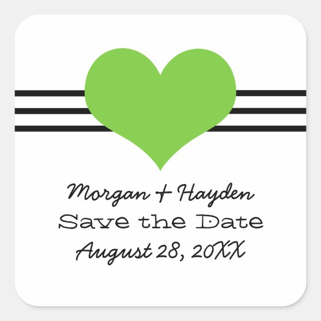 Mod Heart Save the Date Stickers, Green Square Sticker (Front)