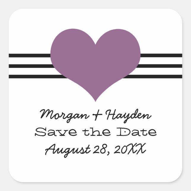 Mod Heart Save the Date Stickers, Purple Square Sticker (Front)
