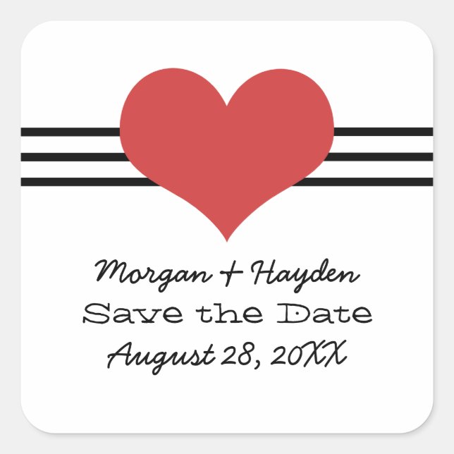 Mod Heart Save the Date Stickers, Red Square Sticker (Front)