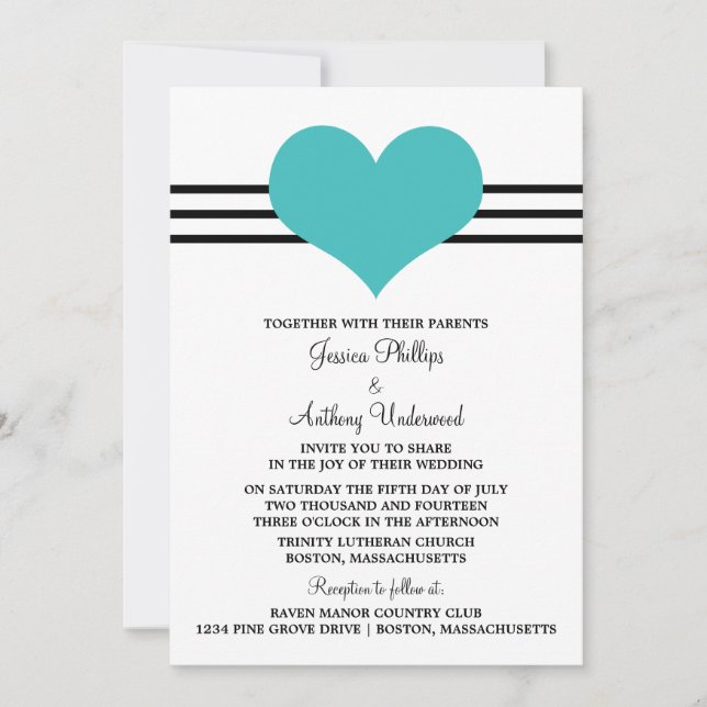 Mod Heart Wedding Invite, Aqua Invitation (Front)