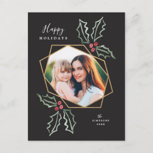 Mod Holly Gold Geo Photo Frame Holiday Card