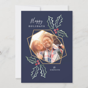 Mod Holly Gold Geo Photo Frame Navy   Holiday Card