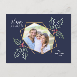 Mod Holly Gold Geo Photo Frame Navy   Holiday Card