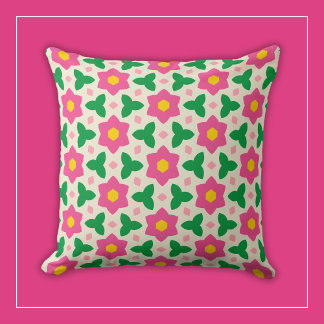 Mod Hot Pink Flowers with Green Geometric Floral Cushion
