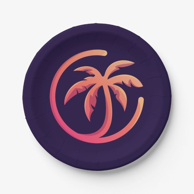 Mod Hot Pink Orange Palm Tree on Purple Paper Plate (Front)