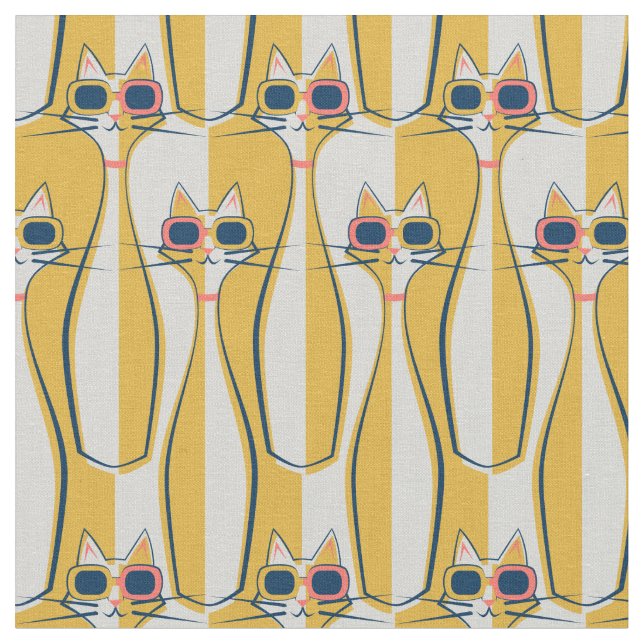 Mod Meow Retro Colour Block Cats Fabric (Close Up)