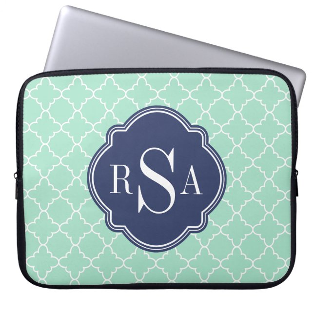 Mod Mint Green Trellis Blue Monogram Laptop Sleeve (Front)