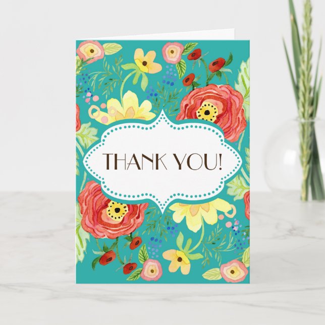 Mod Modern Floral Ranunculus Leaf Rose Bracket Thank You Card (Front)