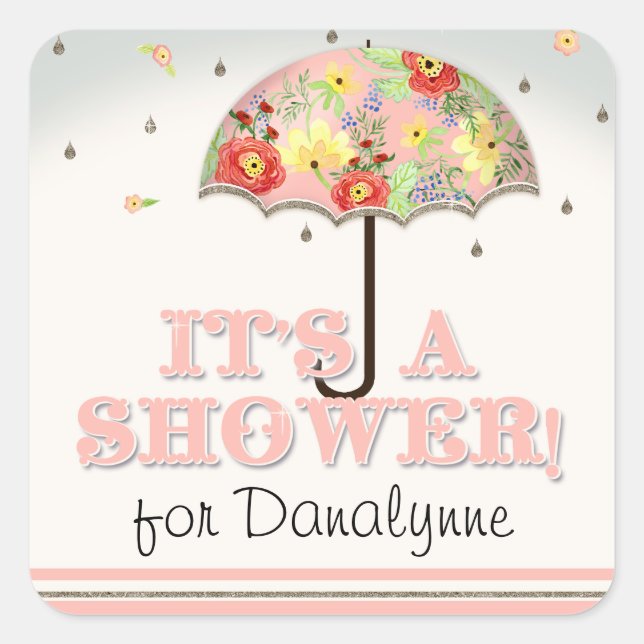 Mod Modern Floral Ranunculus Umbrella Baby Shower Square Sticker (Front)