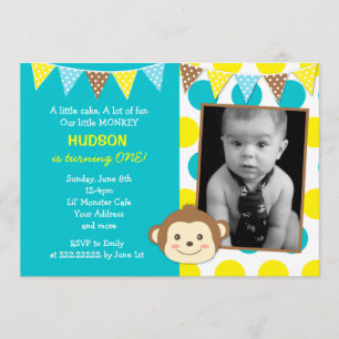 Mod Monkey Boy Photo Birthday Invitations