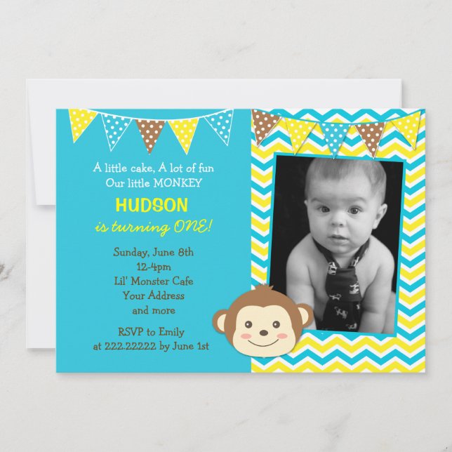 Mod Monkey Boy Photo Birthday Invitations (Front)