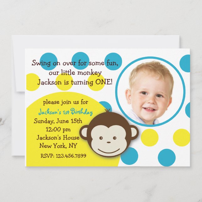 Mod Monkey Boy Photo Birthday Party Invitations (Front)