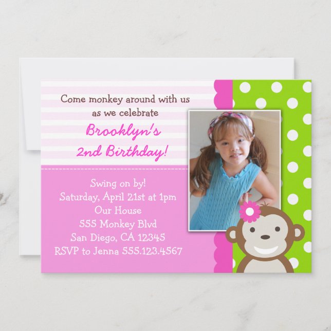 Mod Monkey Girl Birthday Invitation Pink (Front)