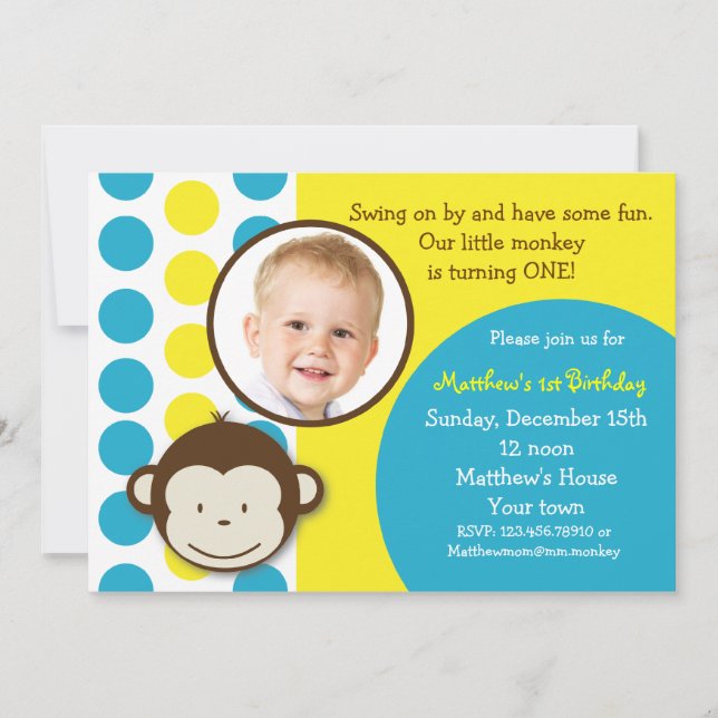 Mod Monkey Photo Birthday Party Invitations (Front)