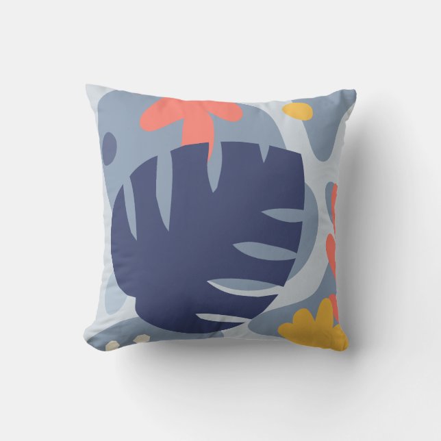Mod Monstera Abstract Leaf Hawaiian Tropical -Blue Cushion (Front)