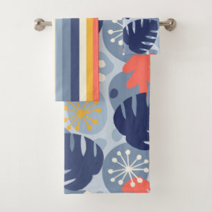 Mod Monstera Leaf Abstract Hawaiian Tropical -Blue Bath Towel Set