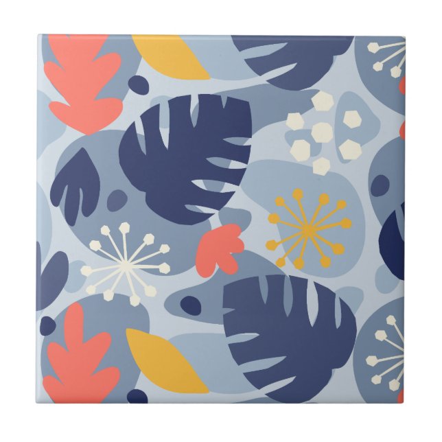 Mod Monstera Leaf Abstract Hawaiian Tropical -Blue Ceramic Tile (Front)