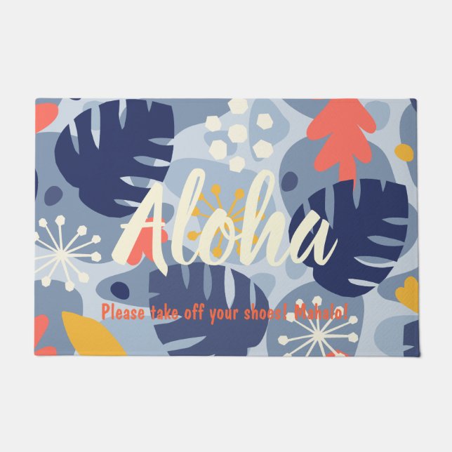 Mod Monstera Leaf Abstract Hawaiian Tropical -Blue Doormat (Front)