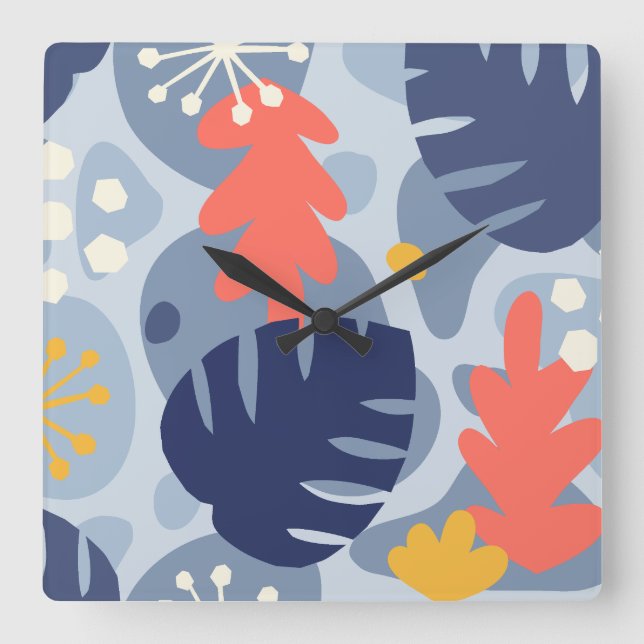 Mod Monstera Leaf Abstract Hawaiian Tropical -Blue Square Wall Clock (Front)